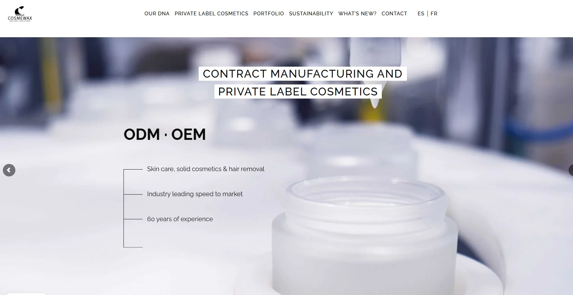 Cosmetics bottle on production line with text banners for contract manufacturing and private label cosmetics by Cosmewax.